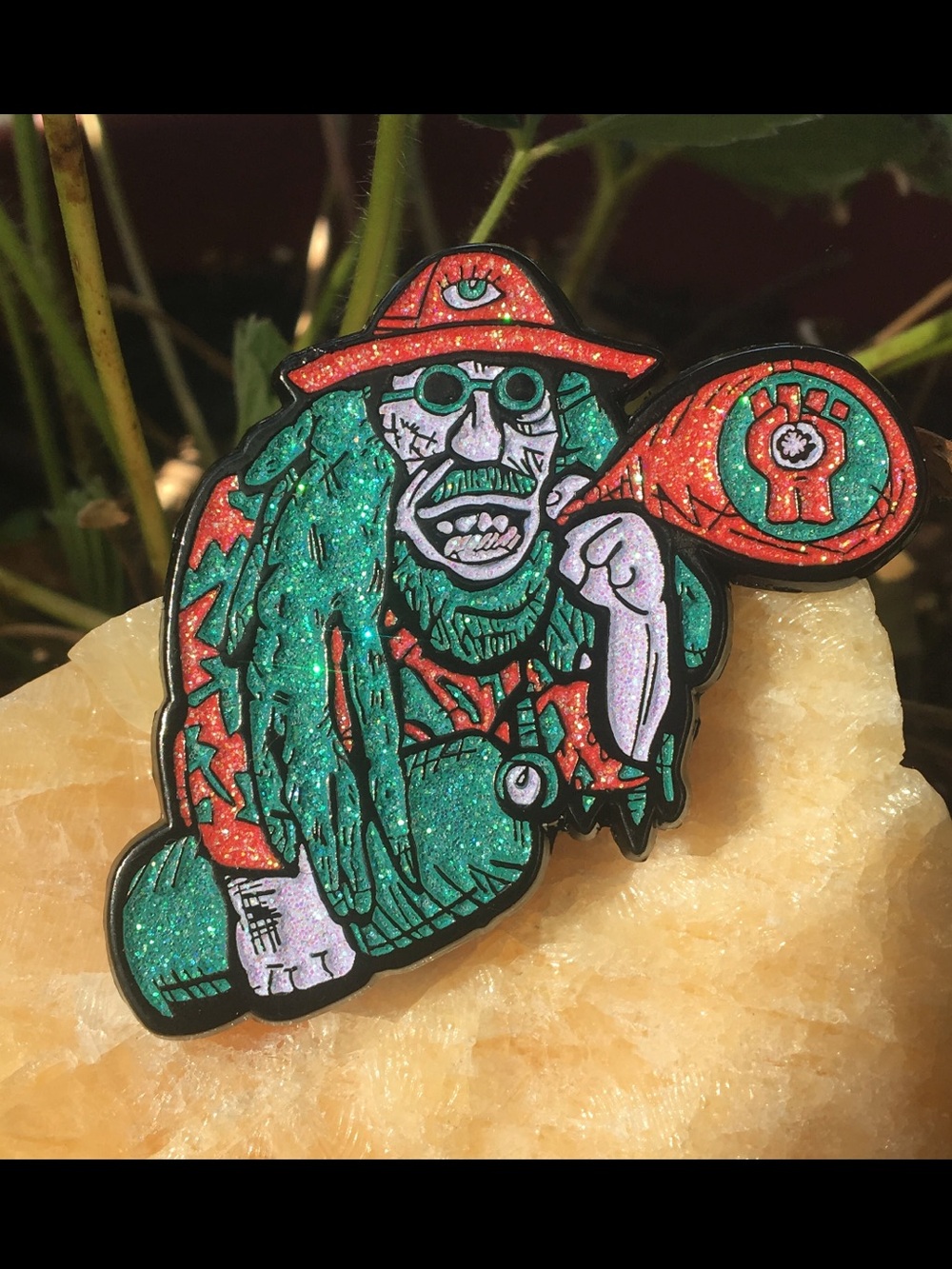 Mystical Character Glitter Enamel Pin - Green & Red